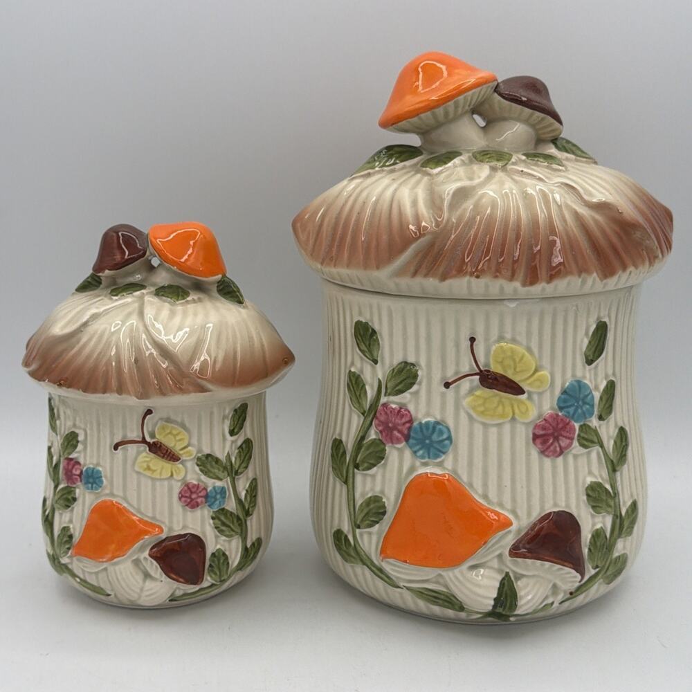 Mushroom Canister Set KIMCO Butterfly 70s Japan Vintage Orange Brown Green Retro